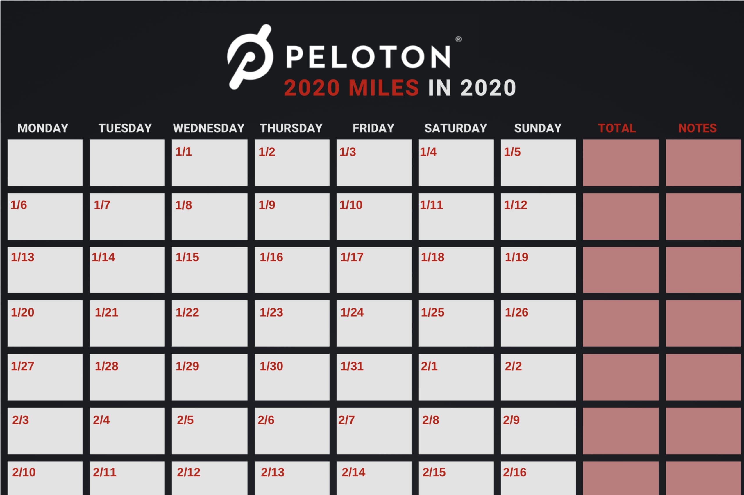 Free 2020 Peloton Workout Calendar & Activity Tracker