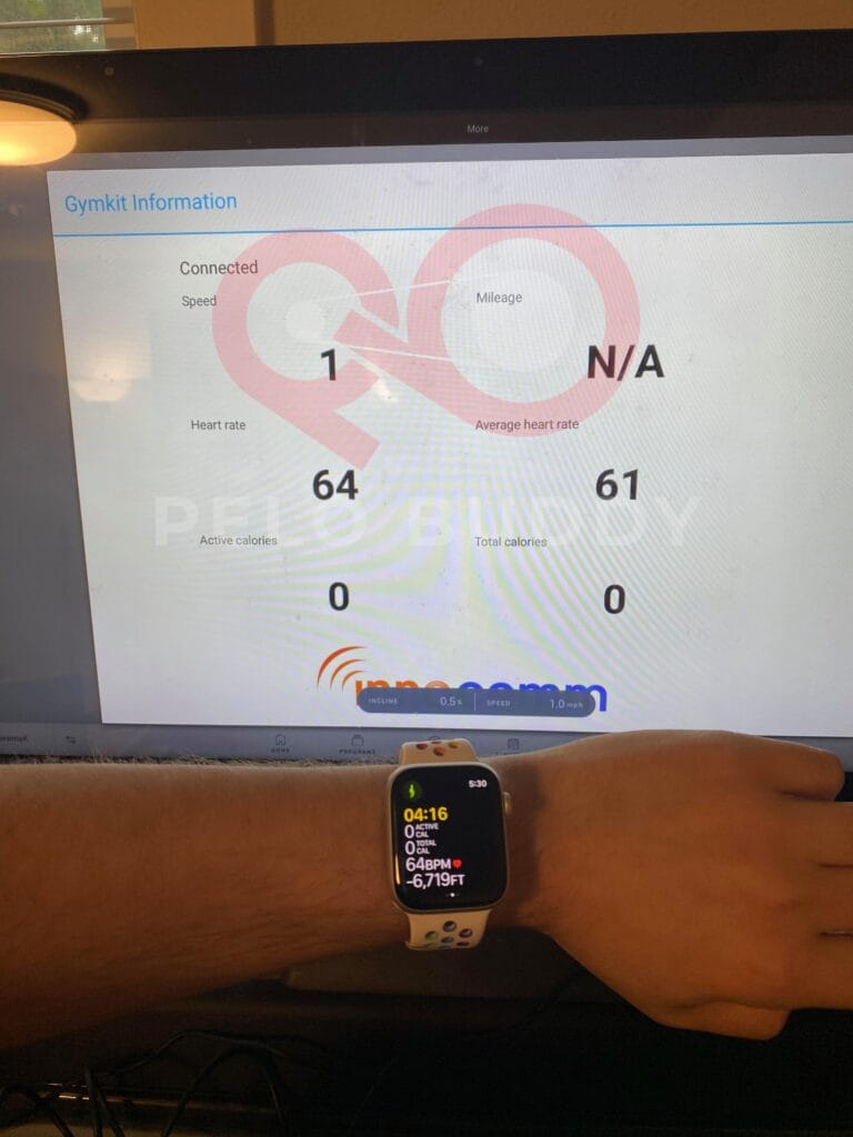 Apple Watch paired with Tread+ showing GymKit Screen from a hidden develop setting.
