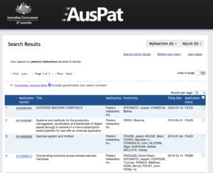 Screenshot of Peloton patents that have been filed with the Australian Government.