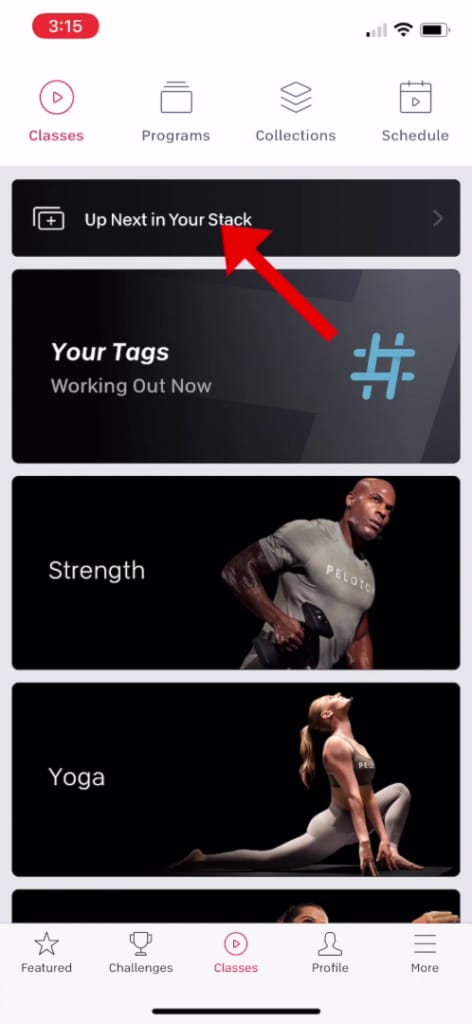 Screen capture of how to start your stack in the Peloton iOS app