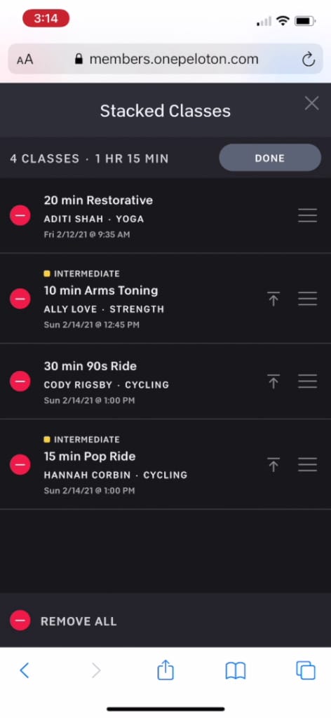 Screen capture of the Peloton edit class stack page