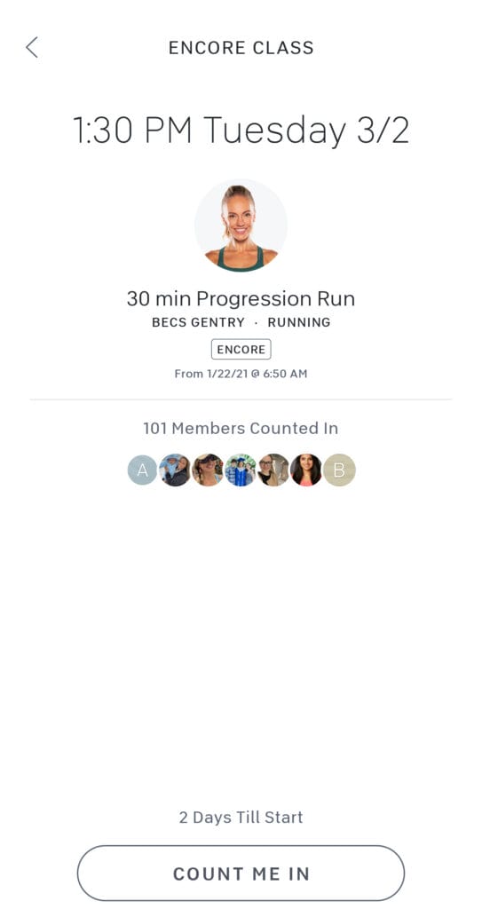 Screenshot of Peloton Android app showing new encore date