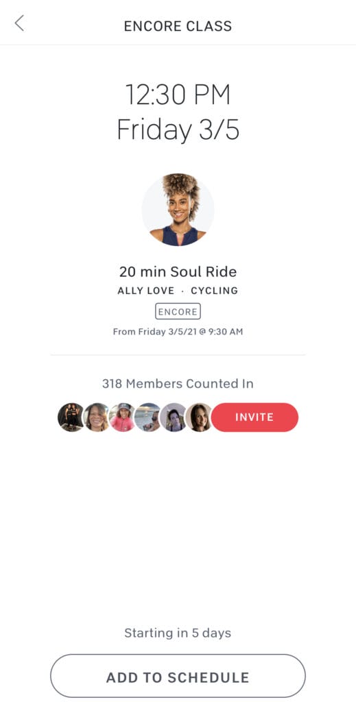 Screenshot from the iPhone app showing an encore class is a brand new class.