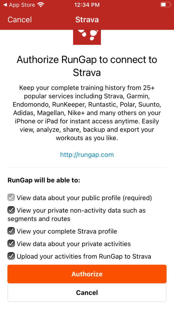 Screenshot of Strava authorization popup.