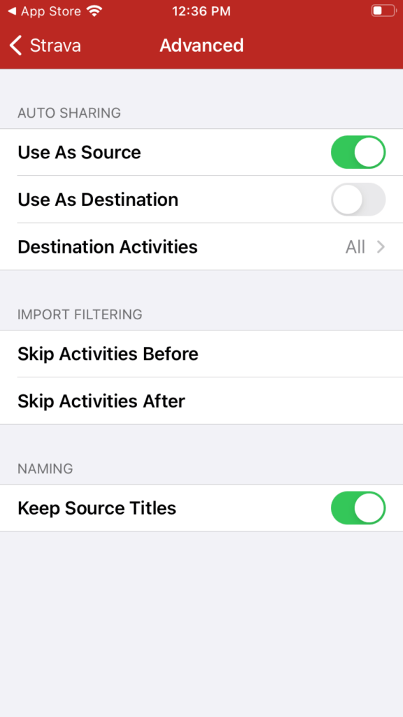 Screenshot of Strava settings page