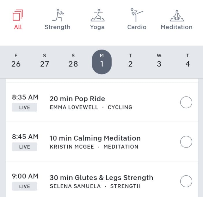 Peloton App Update Class Schedule now has "All" button (Android Only