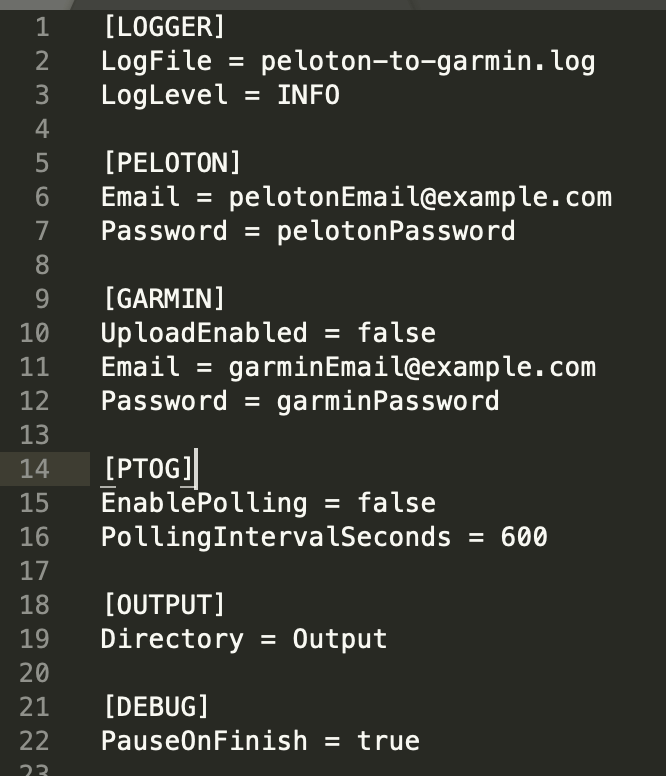 Screenshot of config file of Peloton to Garmin