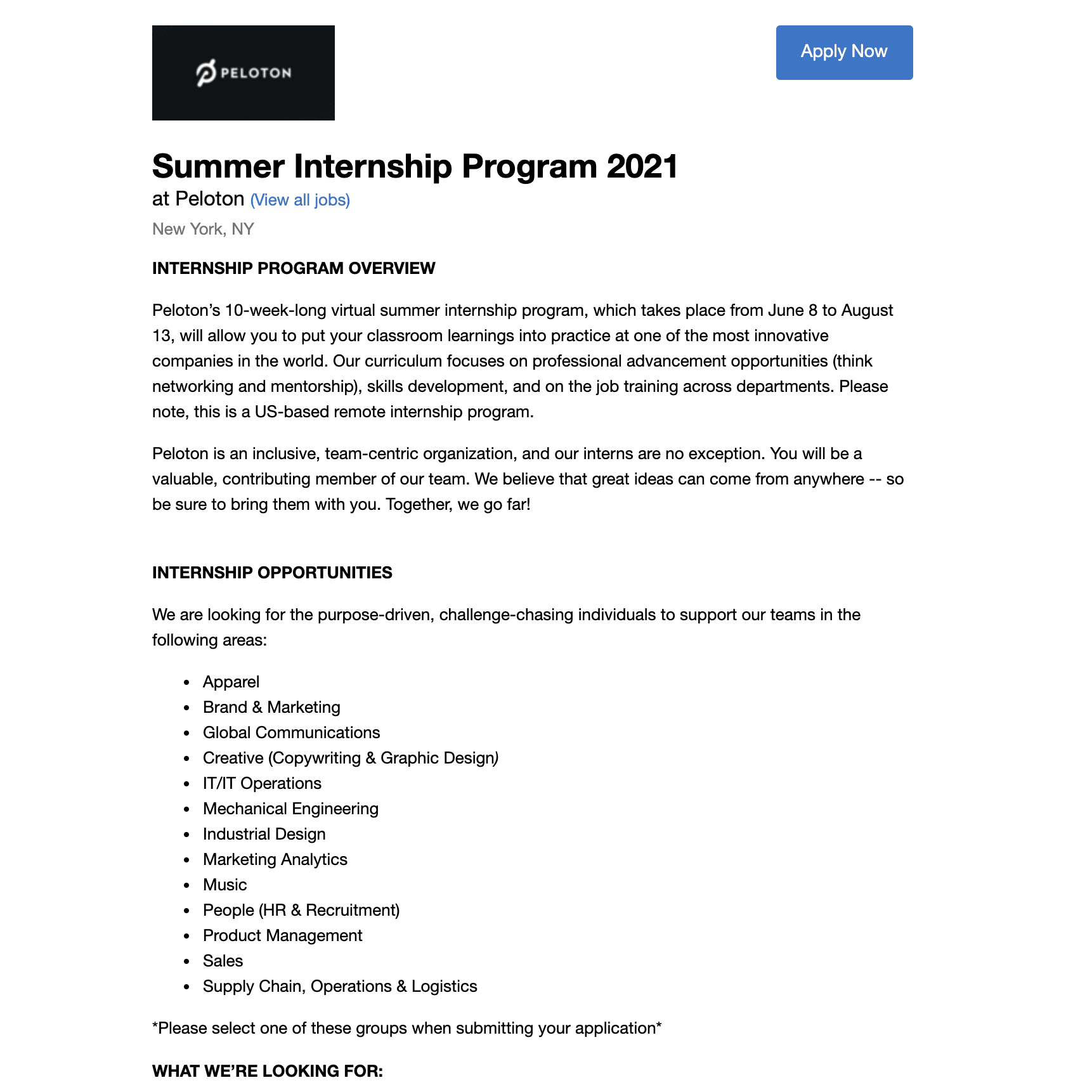 Screenshot of Job listing for Peloton summer internship program.