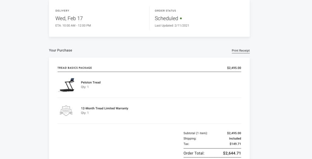 Screenshot of order receipt in US