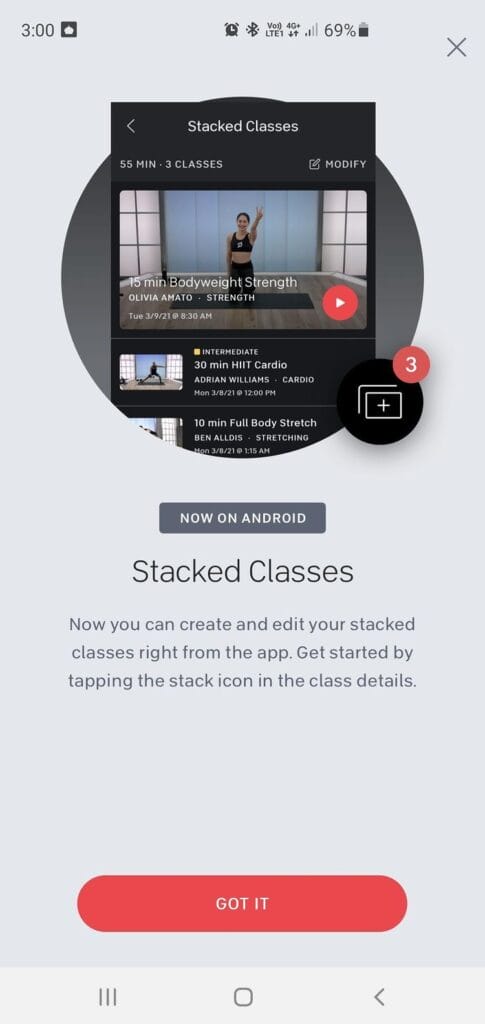 Image of the Peloton Android app with the class stacking feature.