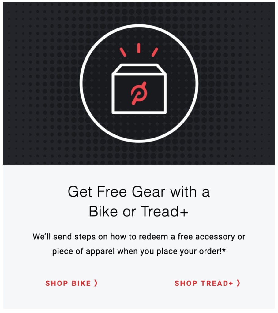 Image of a Peloton email advertising free gift with purchase.