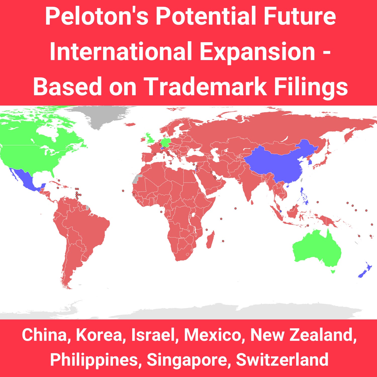 Map showing countries Peloton may launch in, based on Trademark fillings.