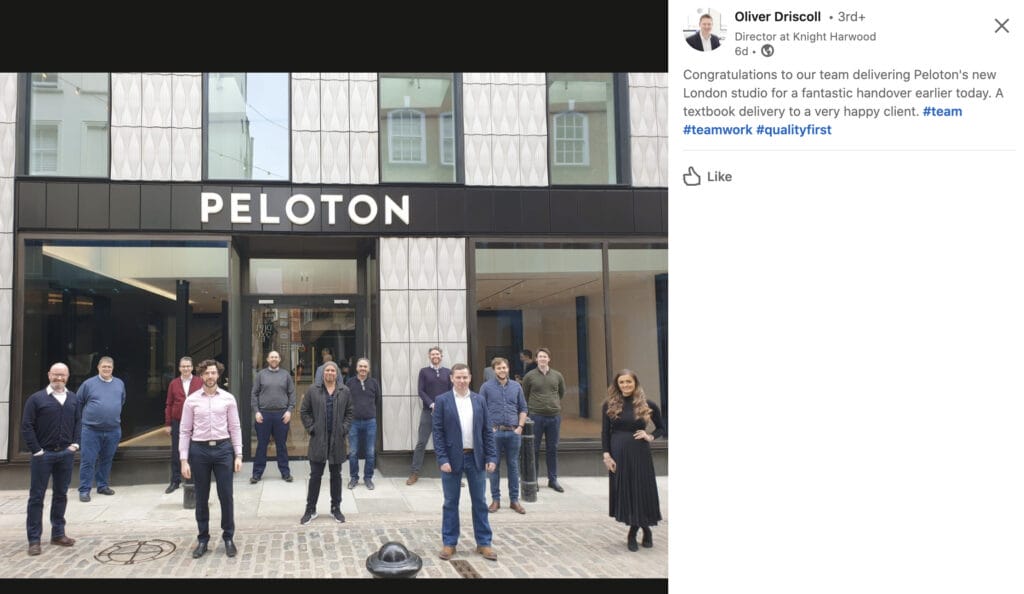 A member of the construction company for Peloton UK Studios shared this picture signifying their handover of the project.