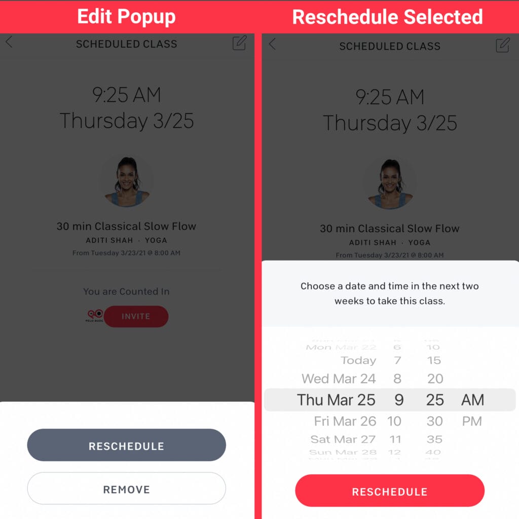 Image of new Reschedule Scheduled class feature in iOS for Peloton