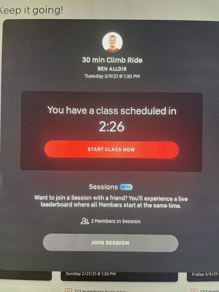 Image of the Sessions popup on a Bike