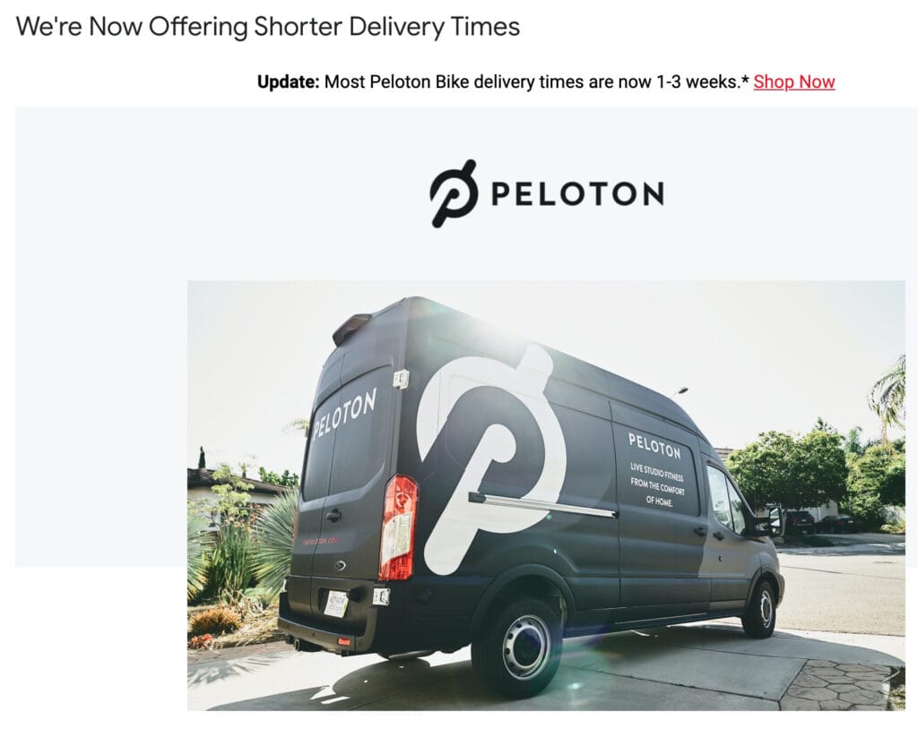 Image of Peloton email advertising shorter delivery times.