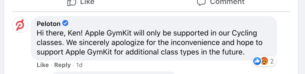 A message from Peloton on Facebook about GymKit support
