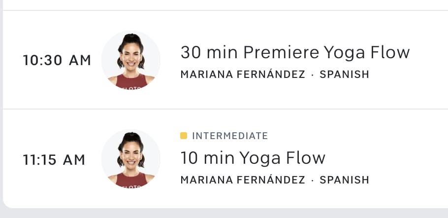 Screenshot of Peloton Spanish classes in the schedule.