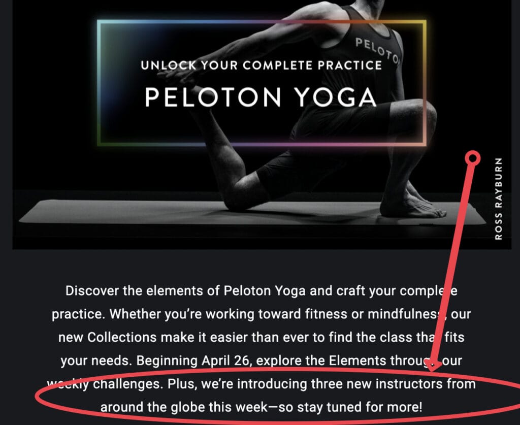 Screenshot of Peloton Email teasing new instructors being announced.