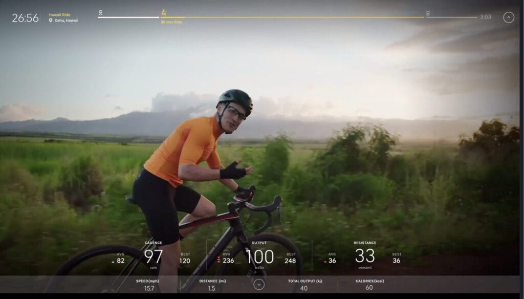 Screenshot of a new Peloton Guided Scenic ride led by Matt Wilpers in Hawaii.