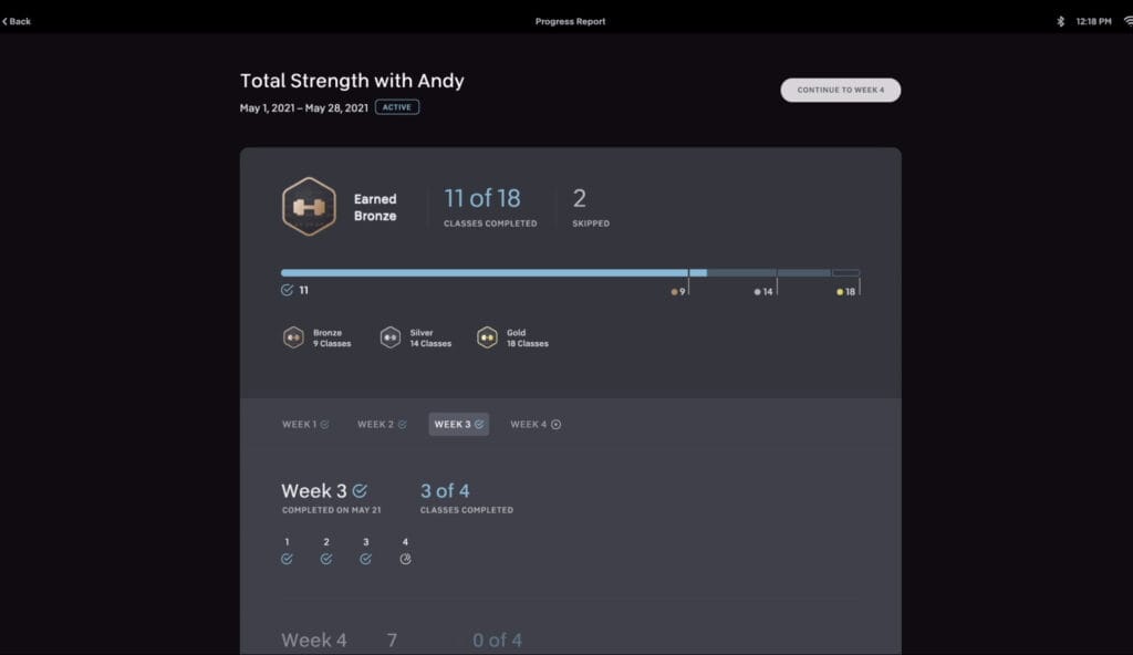 Screenshot of Peloton Program scorecard.