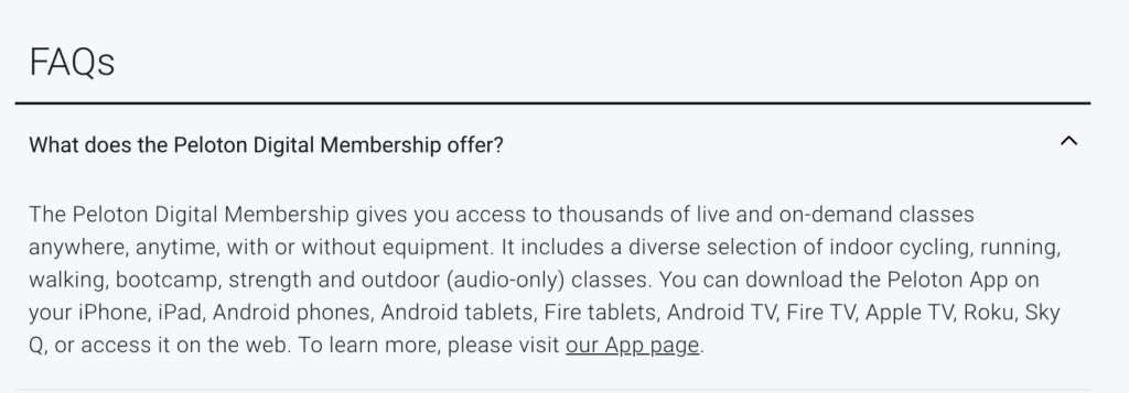 Screenshot of the FAQ on Peloton's site mentioning Sky Q