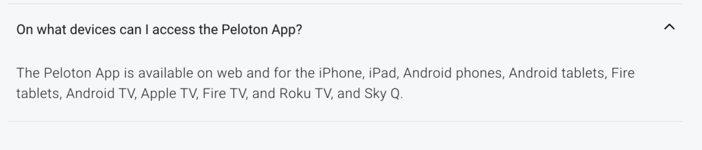 Screenshot of another FAQ on Peloton's site mentioning Sky Q