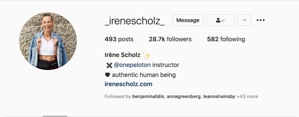 Screenshot of Irene's profile seeming to imply she is no longer with Peloton.