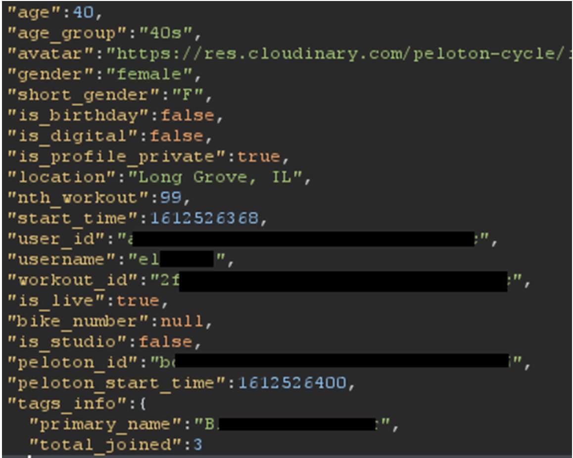 Screenshot of Peloton API data response