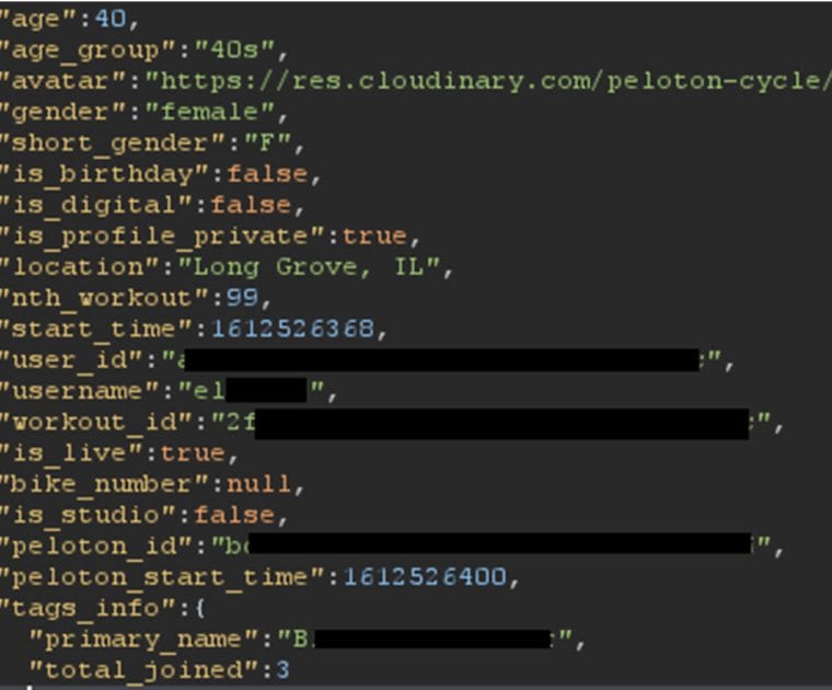 Screenshot of Peloton API data response