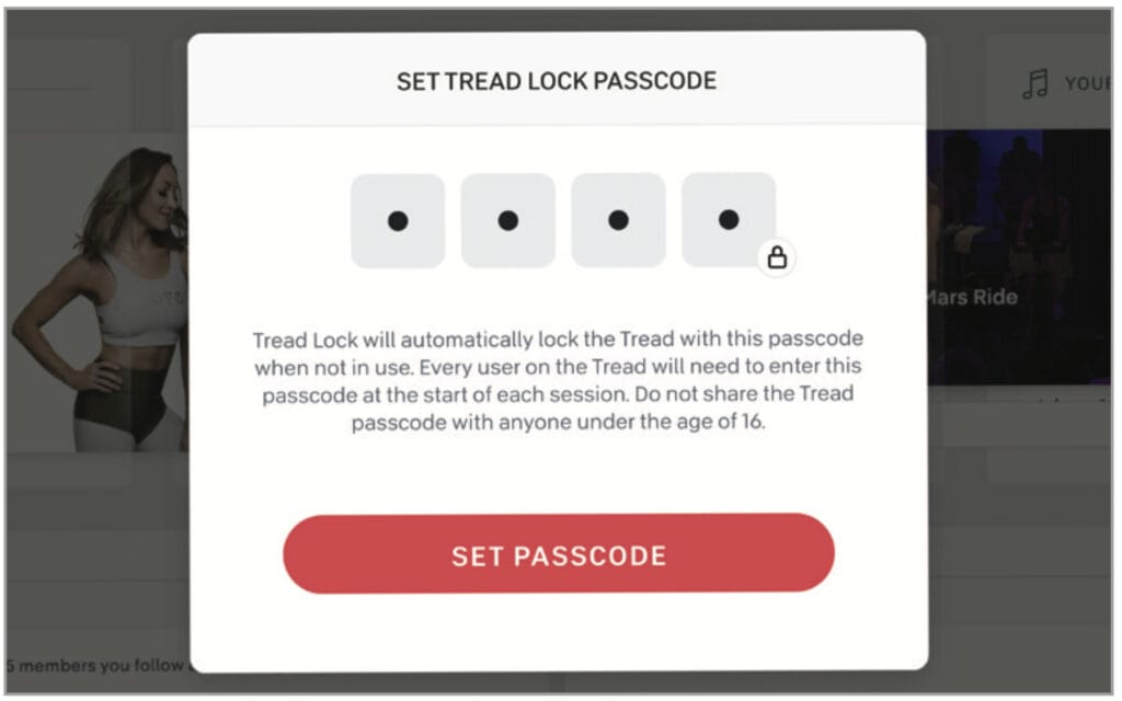 Image of the new Peloton Tread Lock safety passcode feature.