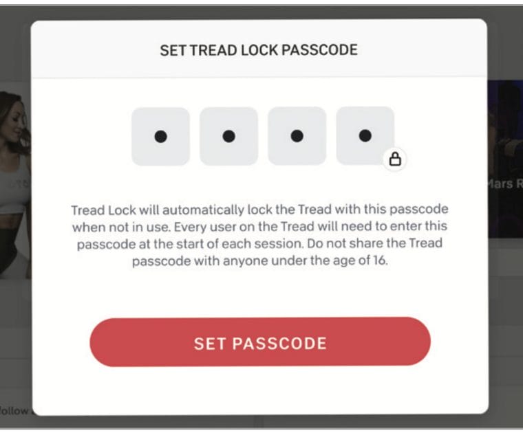 Image of the new Peloton Tread Lock safety passcode feature.