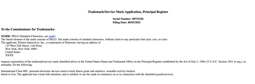 Screenshot of the Peloton trademark application for fitness tracker or wearable device.