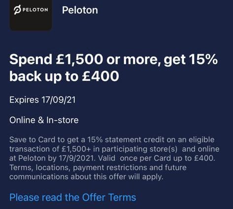 Details for the discount on Peloton bikes available to American Express card holders in the UK