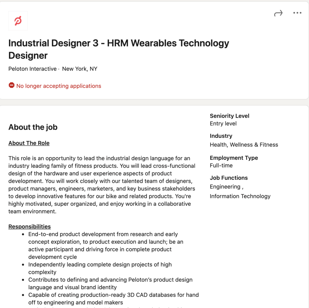 Screenshot of a Peloton HRM job posting.