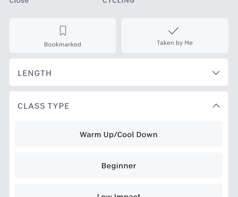 The new Warm Up & Cool Down filter for Peloton cycling classes.
