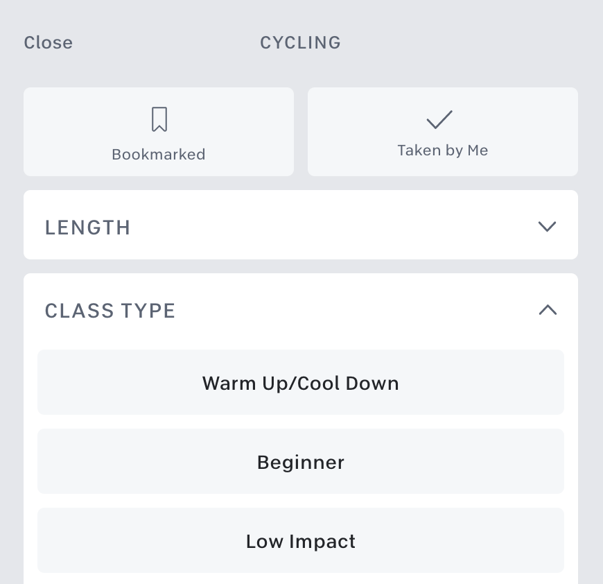 The new Warm Up & Cool Down filter for Peloton cycling classes.