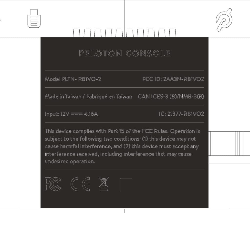 Label for potential new Peloton Bike Tablet 2AA3N-RB1VO2 / PLTN-RB1VO-2 as seen in FCC Filing.