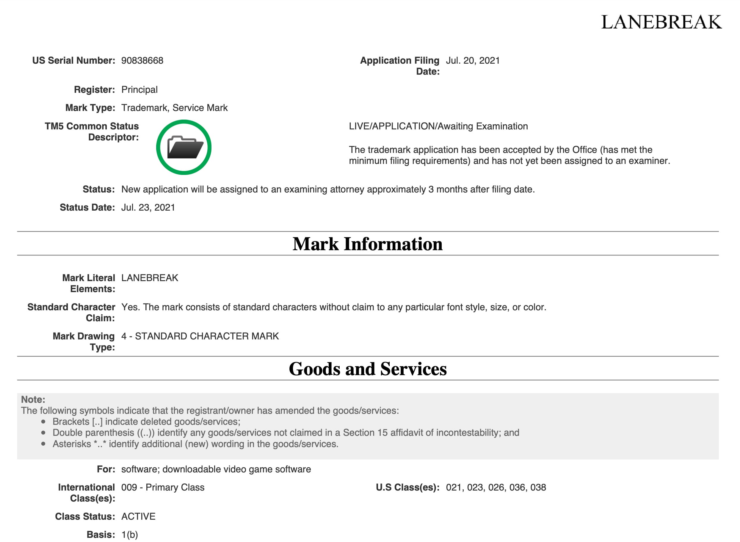 Peloton Lanebreak Trademark Application with the USPTO.