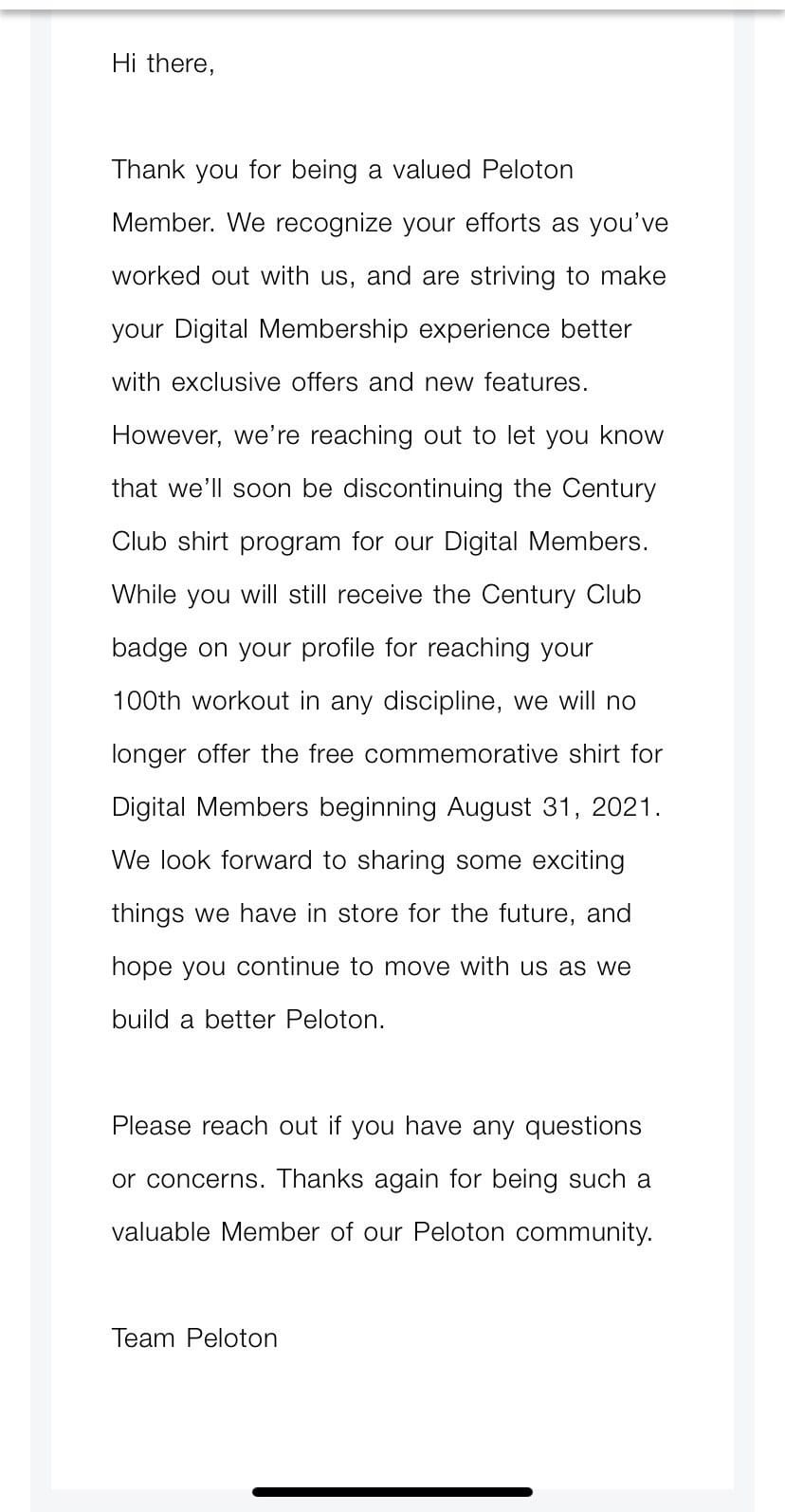 Email sent from Peloton regarding Century Club shirts for Digital members.
