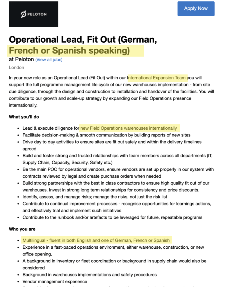 Job posting hinting at Peloton France & Peloton Spain