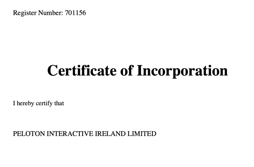 Peloton Ireland's articles of incorporation.