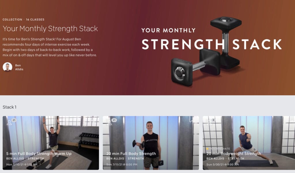Image of the August strength stack collection with Ben Alldis from Peloton's website.