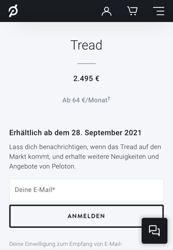 Peloton website stating September 28th for German Tread launch.
