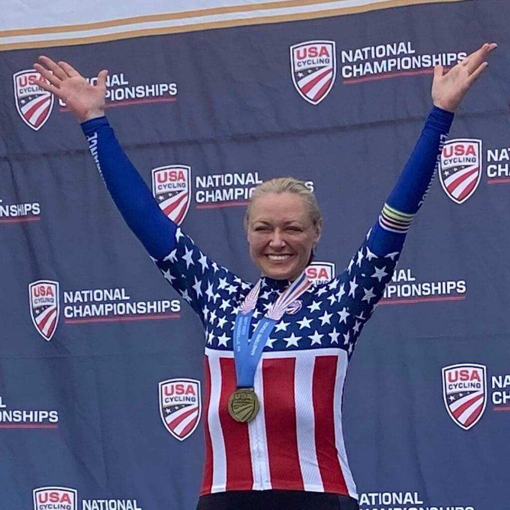 Peloton instructor Christine D'Ercole winning gold at the Track National Championships.  Image credit Christine Instagram.