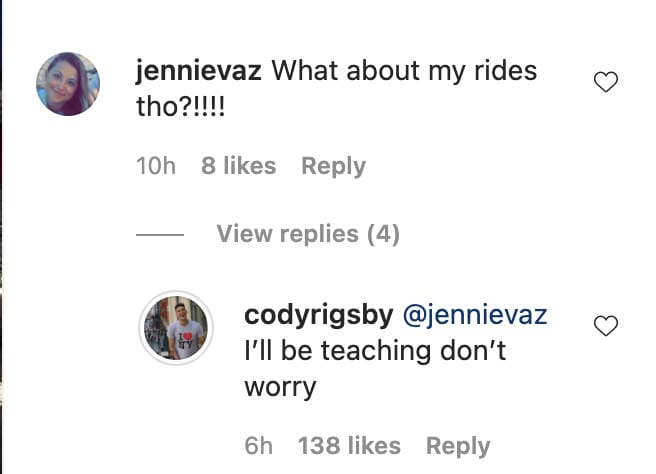 Screenshot of a comment from Cody on Instagram confirming he would still be teaching classes.