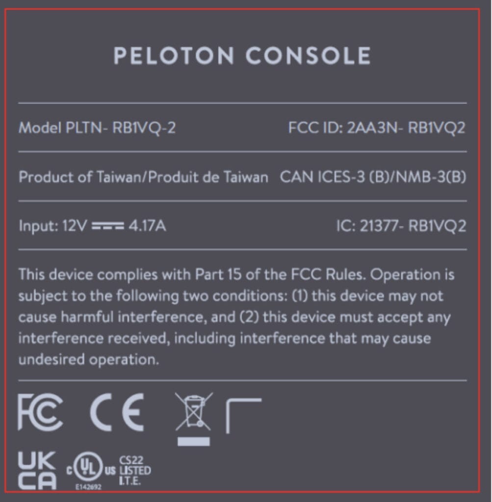 Label provided to the FCC for the new Peloton tablet.