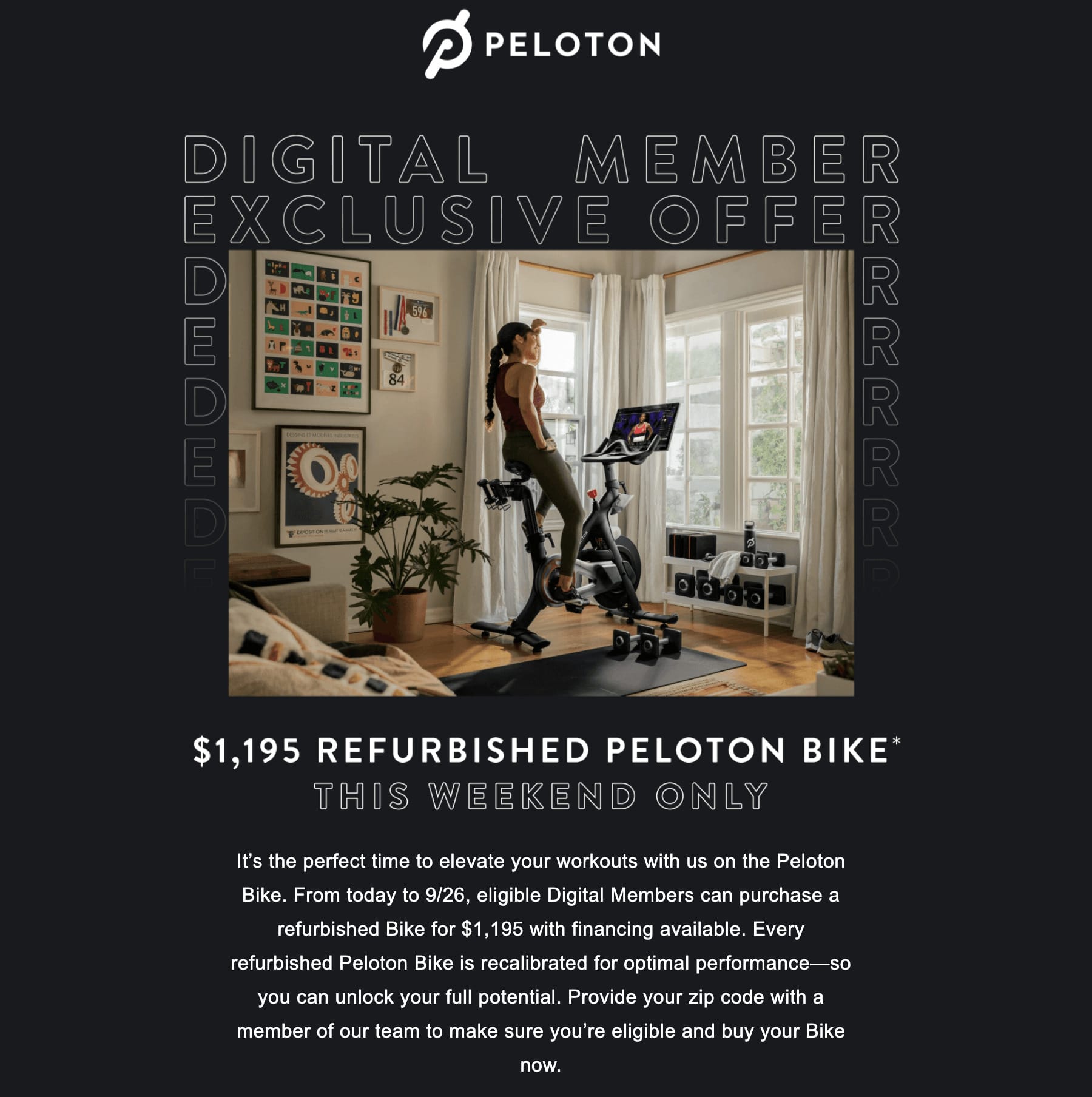 Image of the email Peloton sent some digital members offering a refurbished bike.