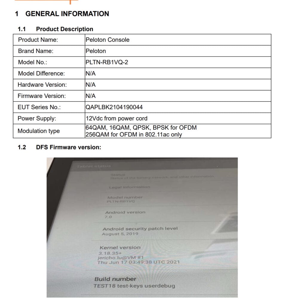 The documents submitted show the Peloton operating system still running Android 7.0