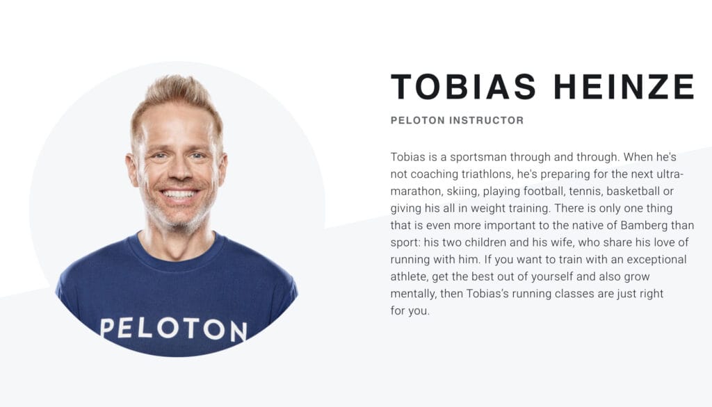 New Peloton Tread coach Tobias Heinze's instructor page on Peloton's website.